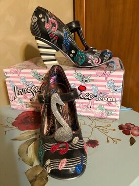 Irregular Choice Offbeat Musical Note T-Strap Heels with Multicolored Embroidery